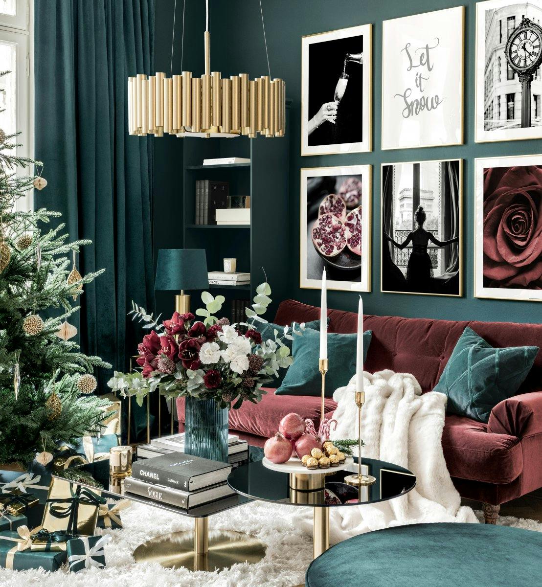Kerst wanddecoratie feest posters gouden fotolijsten
