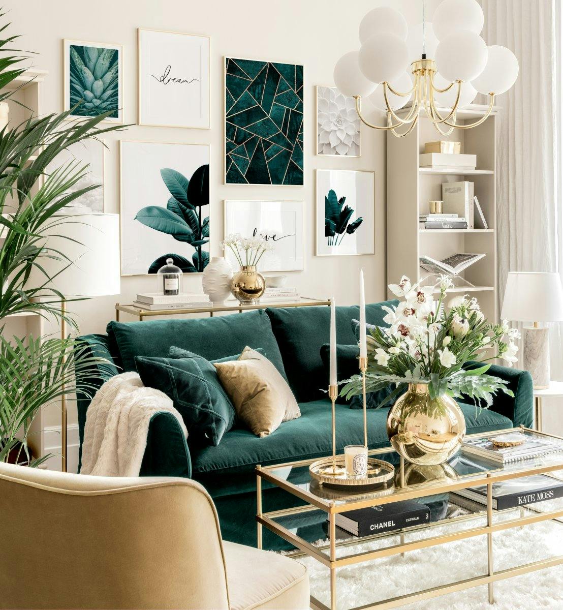 Elegant gallery wall botanic posters green living room golden frames