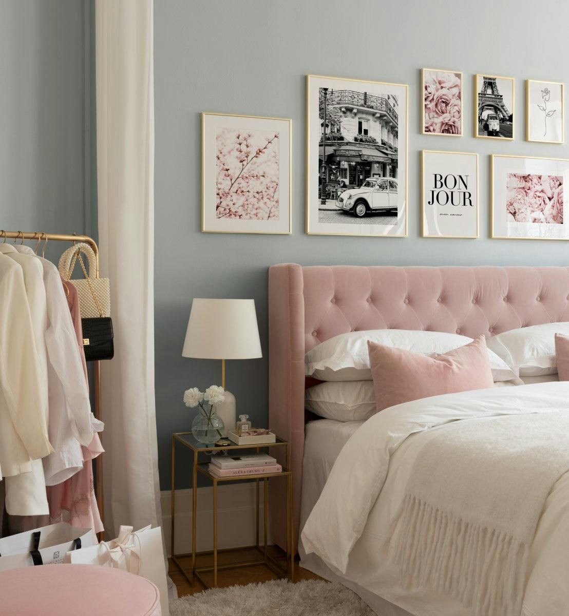 Monochrome and pink prints for the bedroom