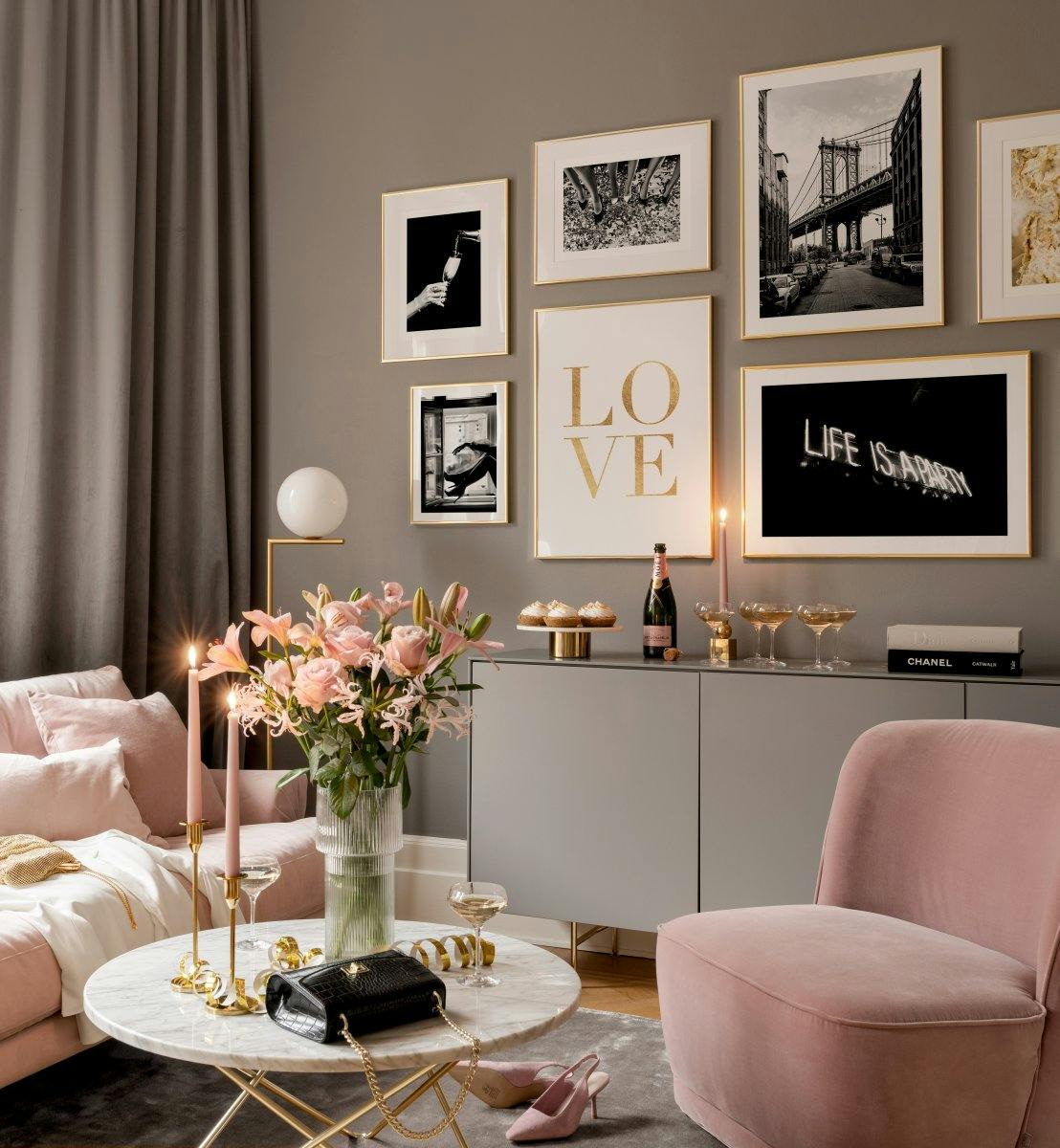 Monochrome and golden prints for living room