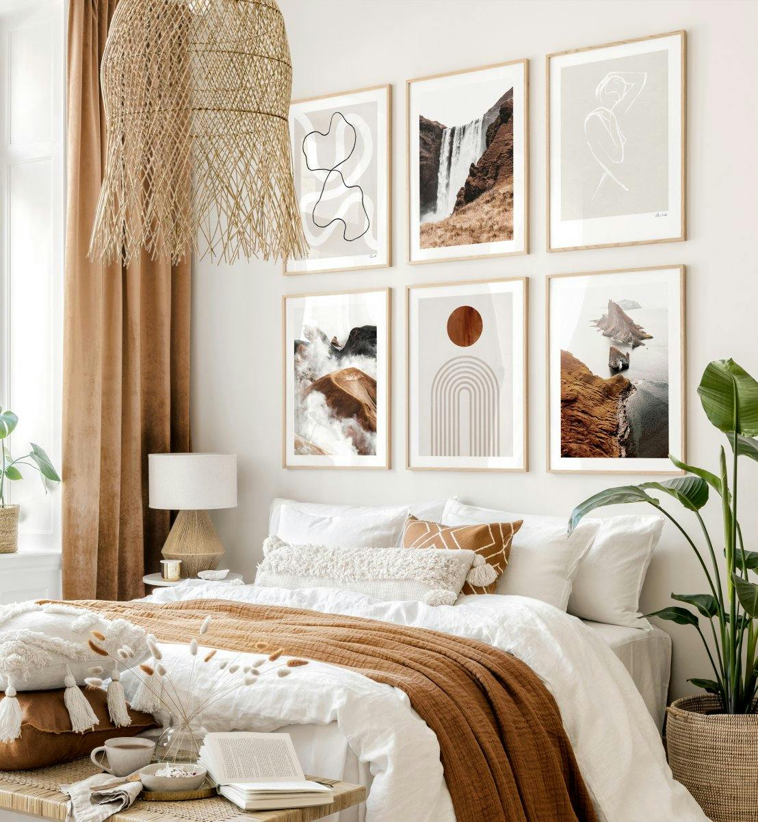 Aardse fotowand line art posters graphische posters beige slaapkamer inspiratie