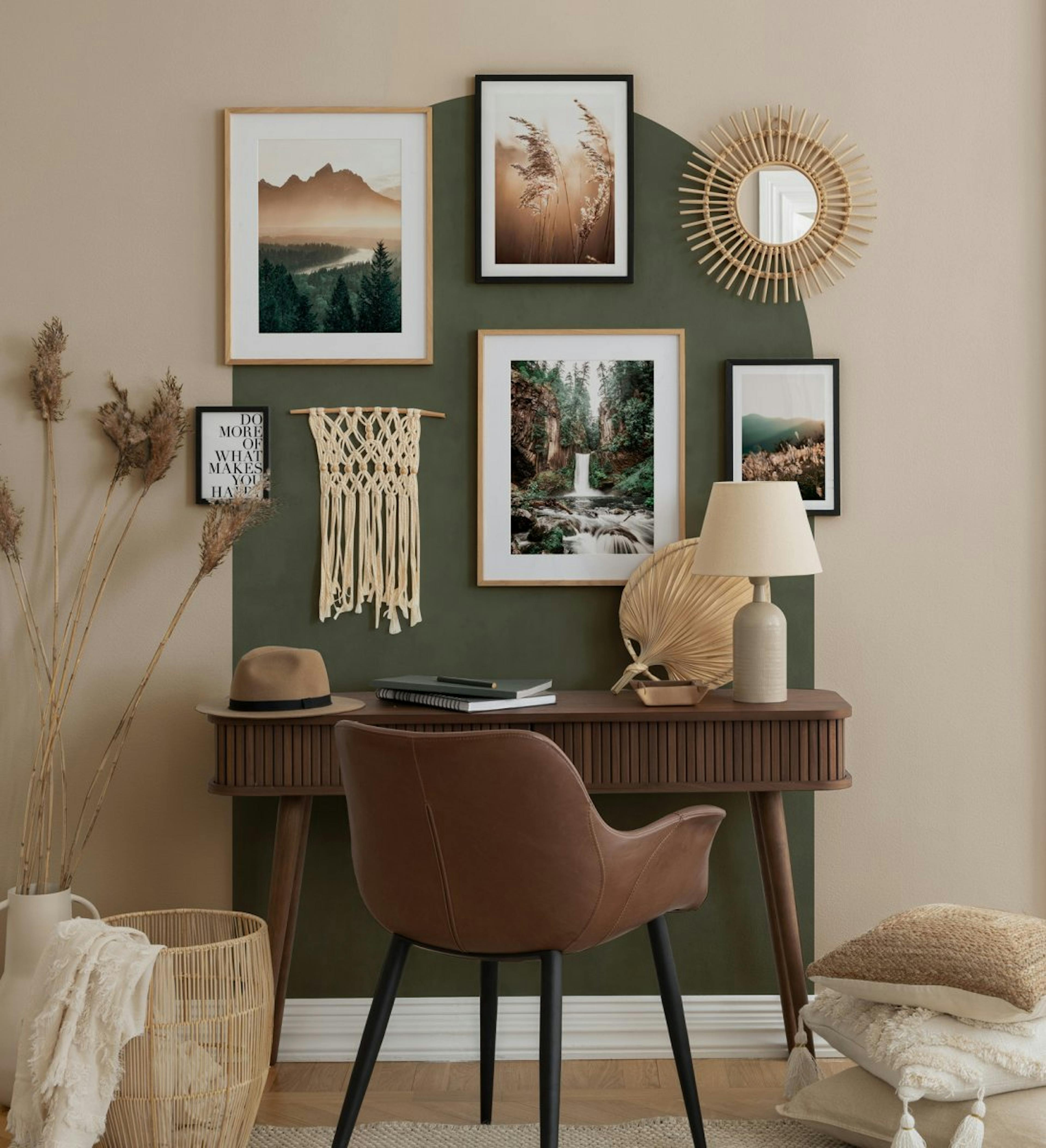 Green and magical wall art combined with oak and black wood frames for home office