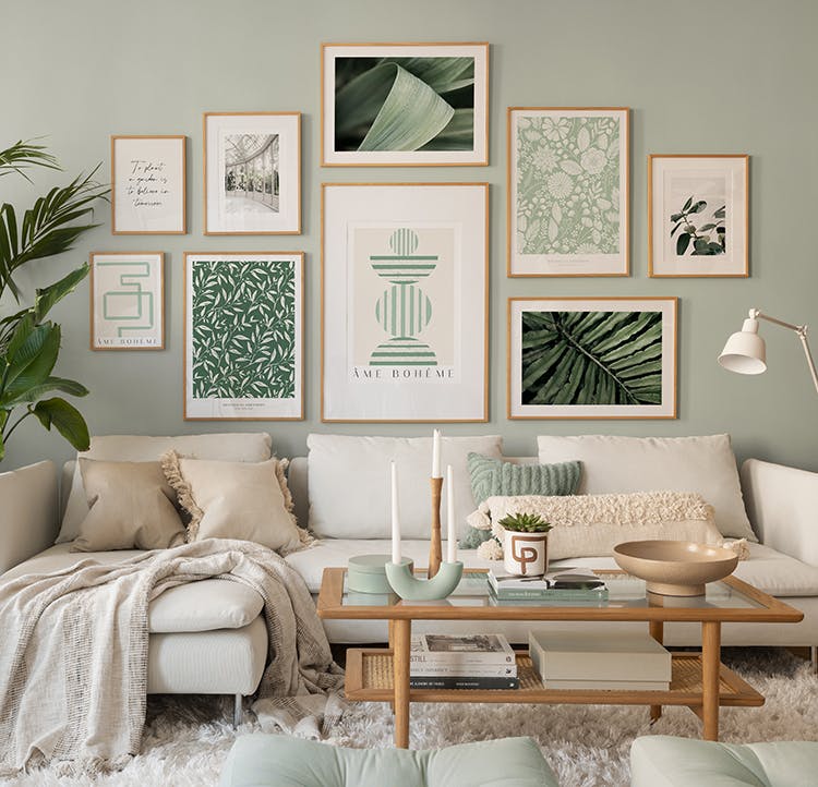 Green illustrations and abstract wall art with oak frames for the living room