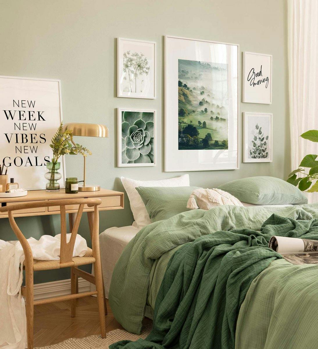 Zelená a měkká stěna galerie s bílými dřevěnými rámy do ložnice