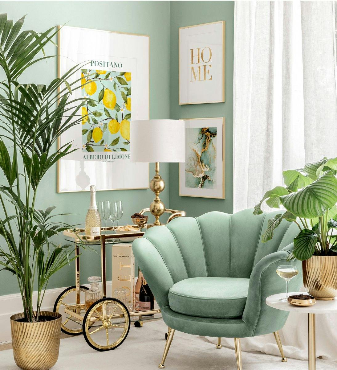 Tropical gallery wall with yellow and green with golden frames for living room