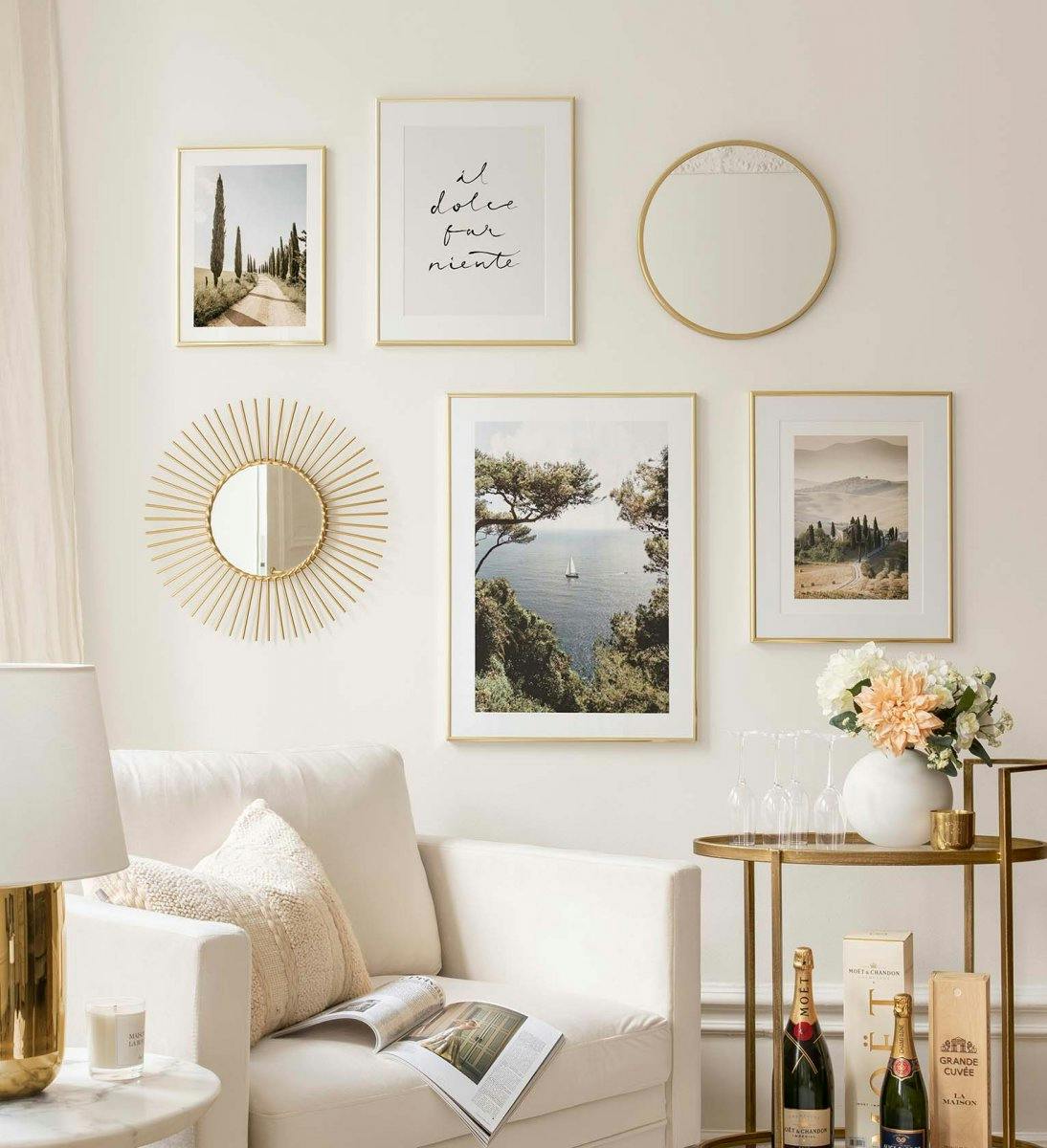 Calm landscape gallery wall with prints of nature with golden frames