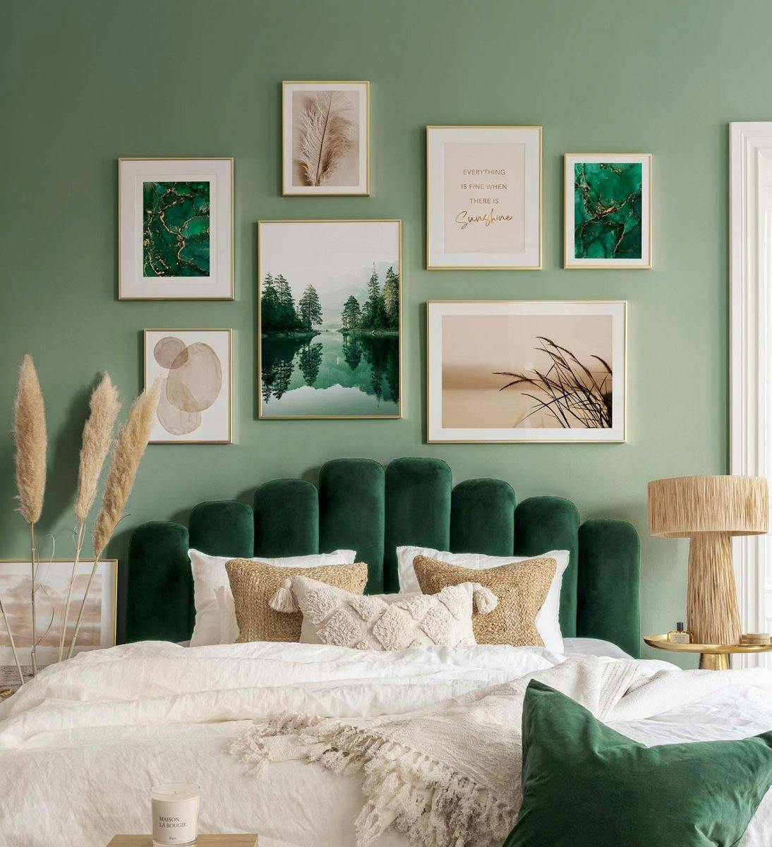 Gallery wall with nature prints in green and beige with golden frames for bedroom
