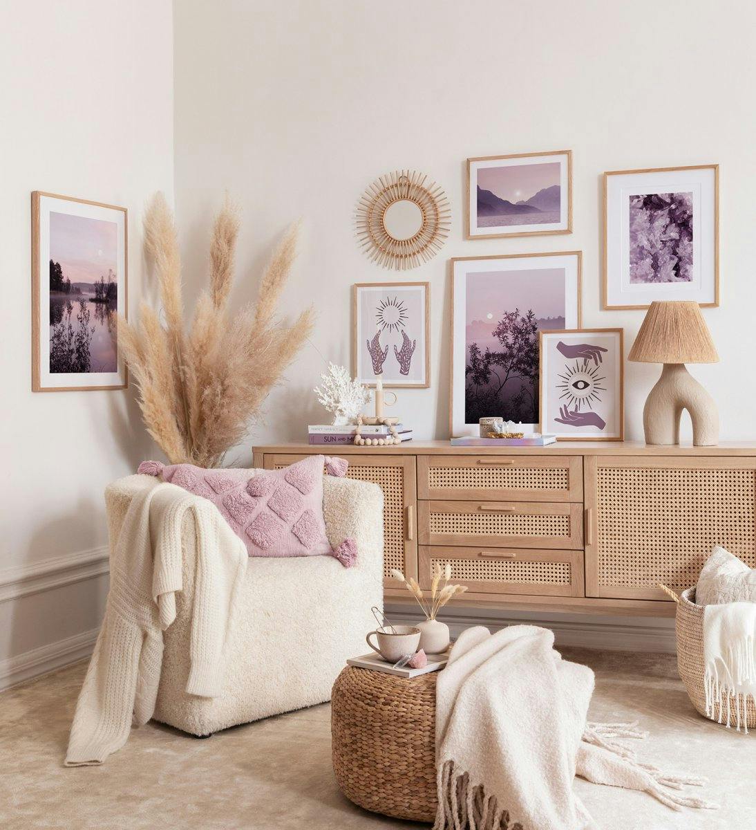 Purple calm gallery wall of landscape motifs with oak frames for the living room