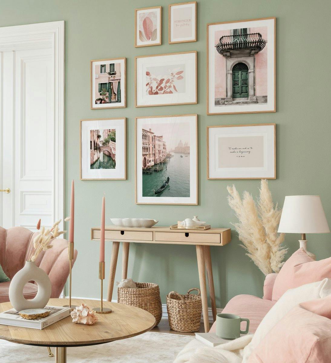 Photographs in pastel colors create a playful and fresh vibe in the living room